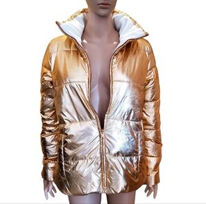 Gap Big Puff Metallic Gold Mock Neck Full zip Jacket Womens Medium NWOT